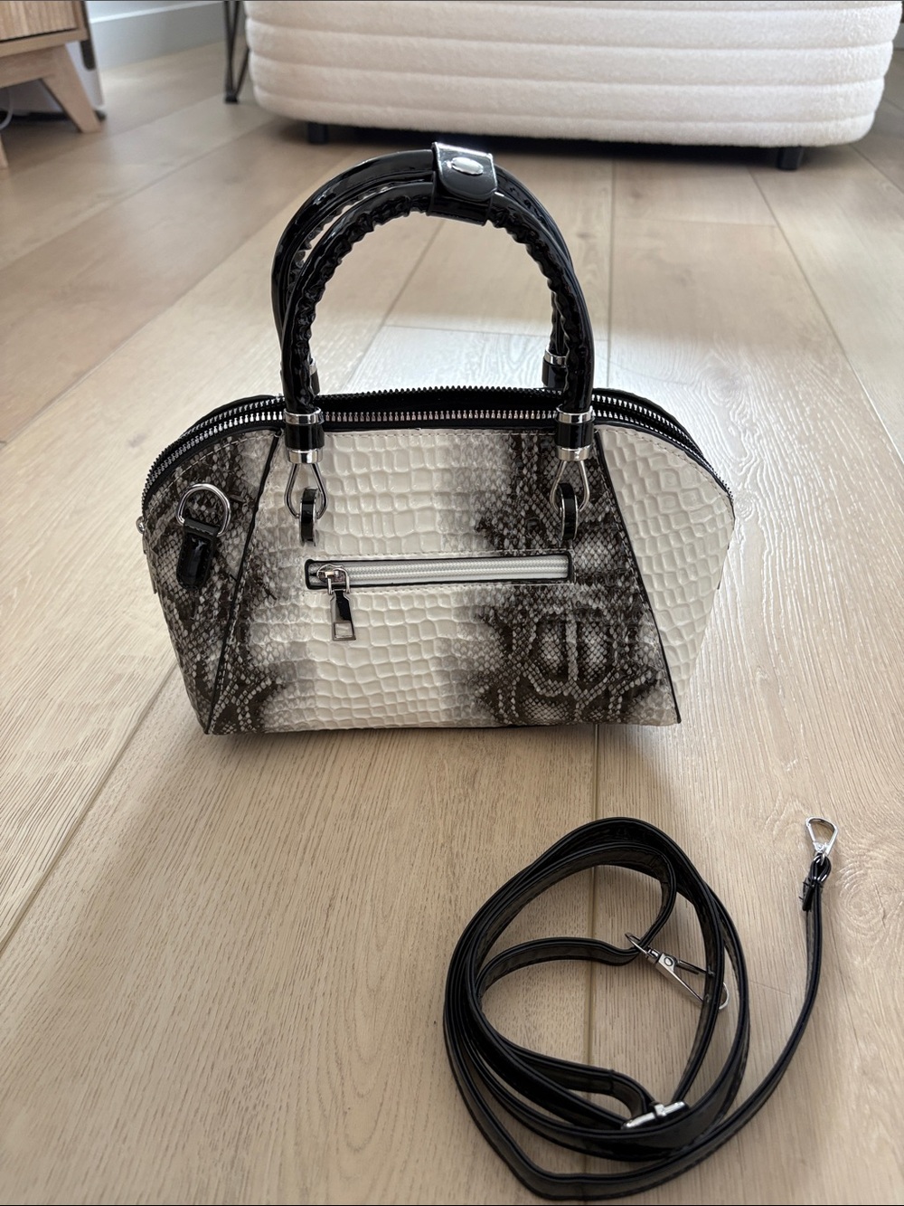 Snake-Embossed Black and White Top-Handle Satchel